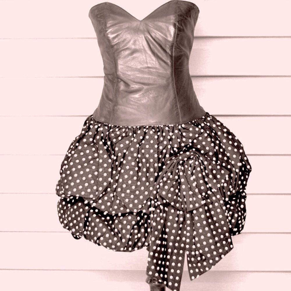 COPY - Vintage 1980s strapless dress. Leather with polka dots. Leather and taff…